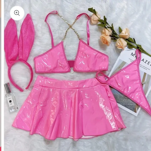 Rave Outfits Bunny Cosplay Costume Latex Bikini Rave Skirt Festival Outfit - Picture 4 of 5